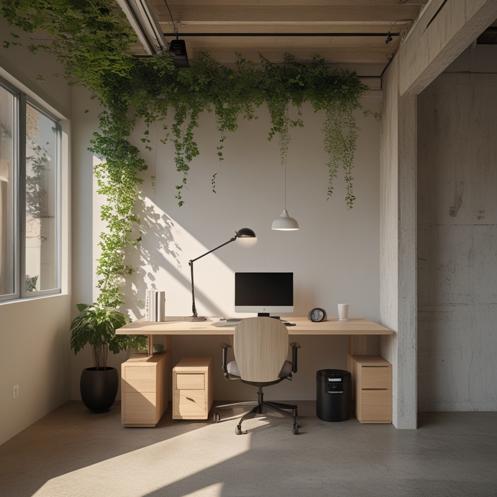 Ergonomicznie ustawione stanowisko pracy z regulowanym biurkiem, naturalny materiał drewna i stali, czyste minimalistyczne wnętrze z roślinami, spokojne naturalne oświetlenie