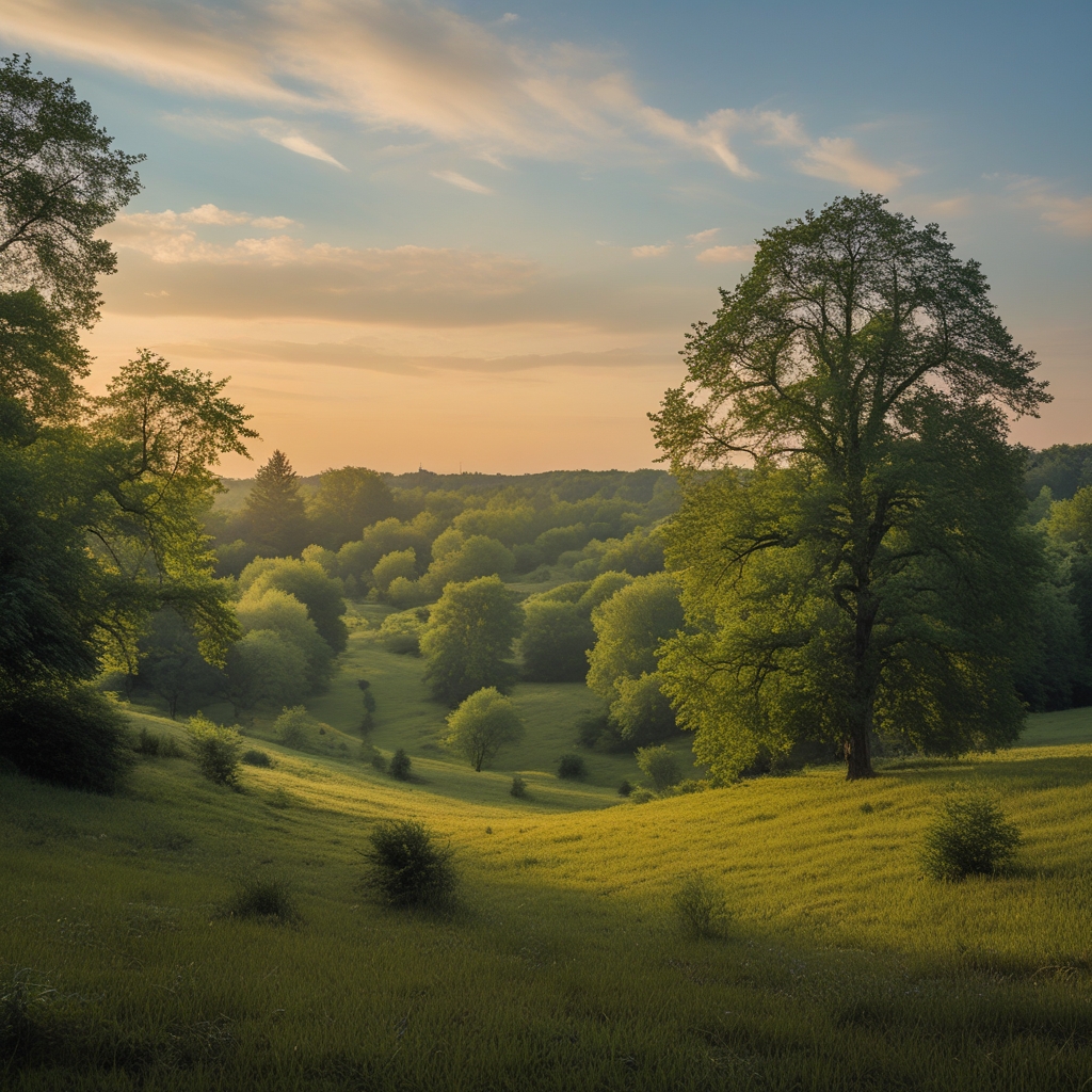 Szeroka ścieżka w spokojnym parku otoczonym zielonymi drzewami, miękkie naturalne światło przebijające przez liście, żwirowa alejka, spokojny krajobraz bez ludzi