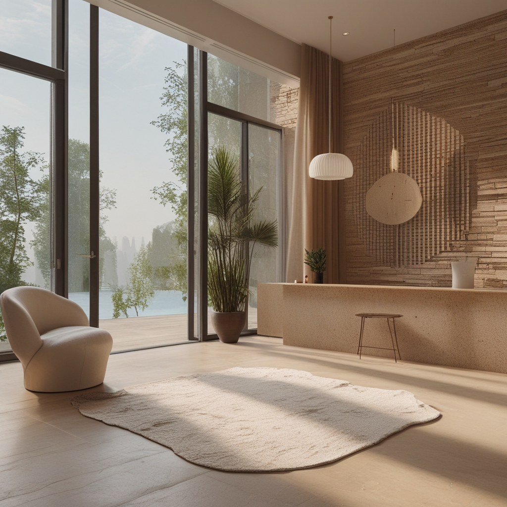 Ergonomiczne biurko z naturalnym drewnem przy dużym oknie, ciepłe naturalne światło, minimalistyczna przestrzeń biurowa, stonowane kolory, spokojne wnętrze bez ludzi